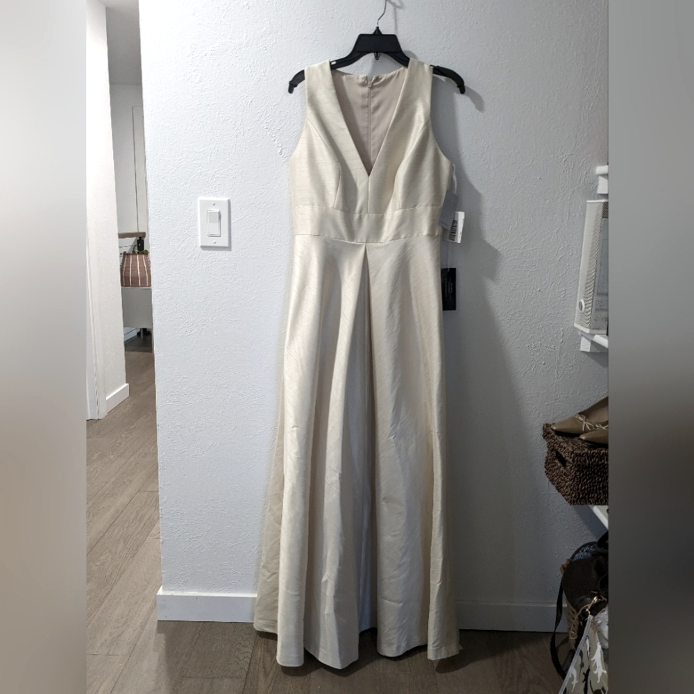 NWT Alfred Sung, Satin, size 12 Champagne Bridesmaid Black Tie Dress